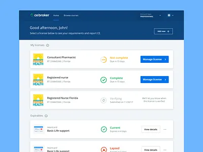 CE Broker Dashboard 2.0 app dashboard dashboard ui education enterprise license simple uidesign uiux ux research
