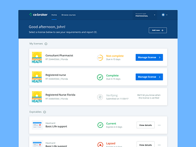 CE Broker Dashboard 2.0 app dashboard dashboard ui education enterprise license simple uidesign uiux ux research