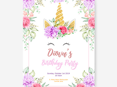 cute unicorn with floral wreath and gold glitter baby background birthday cute design fairy fairytale floral flower girl glitter gold illustration isolated magic pink print sweet unicorn vector