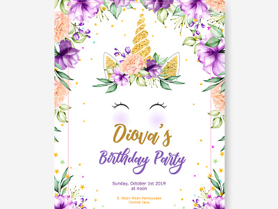 cute unicorn with floral wreath and gold glitter baby background birthday cute design fairy fairytale floral flower girl glitter gold illustration isolated magic pink print sweet unicorn vector