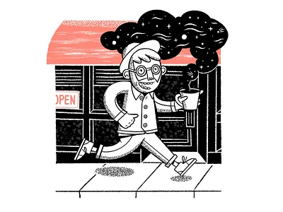 Running on Space Juice awning beard cartoon city coffee galaxy glasses happy illustration ipadpro midcentury planets procreate run sidewalk space spaceman stars storefront urban