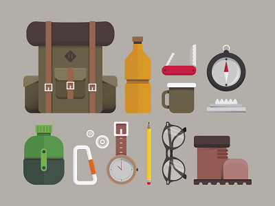 Hiking Flat Icon Set bag boots camp camping climb compass hike hiking mountain nature outdoor summer survival survival kit