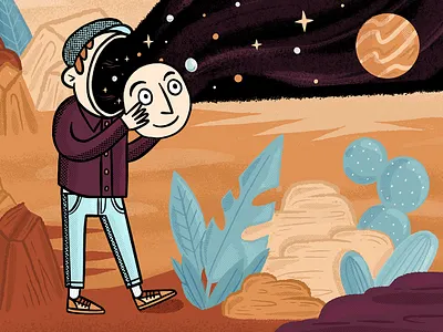 Desert Madness cacti cactus cartoon character desert faces galaxy illustration imagination ipadpro joshuatree mask midcentury newsboy planets procreate rocks sand space stars