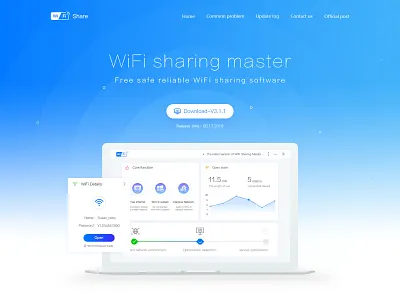 WiFi sharing master-landing page application design backstage blue dashboard date features gradient home landing page monitor official website optimization share system technology ui uplate ux web wifi