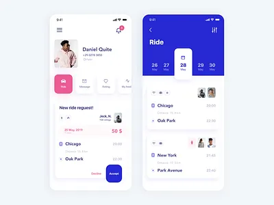 Ride App. Online search service for car travel companions account calendar clean design ios minimalism mobile app design mobile applications mobile ui mobile uiux notifications personal profile ride travel trip ui ux