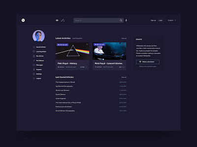 Wikipedia website redesign (concept) - User dashboard article articles dashboard elearning icons learning learningexperience redesign ui ux website wikipedia
