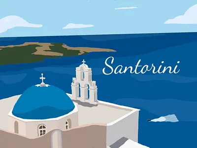 Santorini vintage poster flat illustration greece illustration ipadpro poster procreateapp retro santorini travel poster vintage