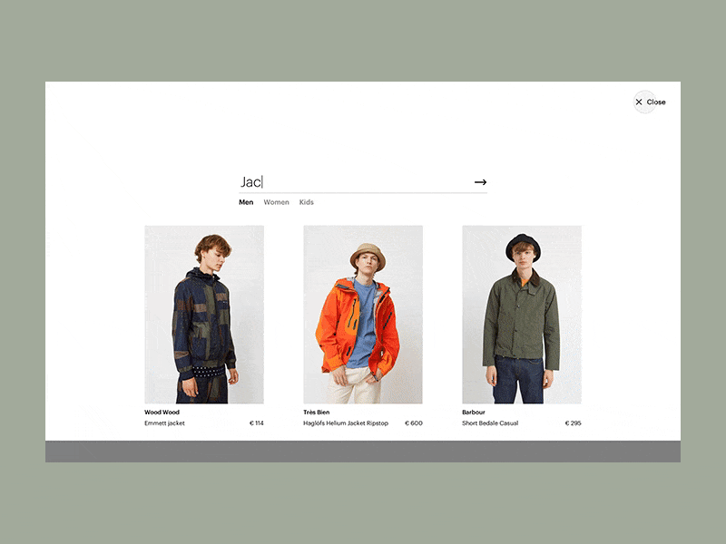 Wood Wood Search animation category clean concept design ecommerce fashion grid interaction minimal principle product search search bar suggestions transition typography ui ux web
