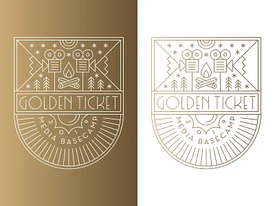 Golden Ticket badge camera camping fire icons line logo media mountains nature patch stars sun trees typography