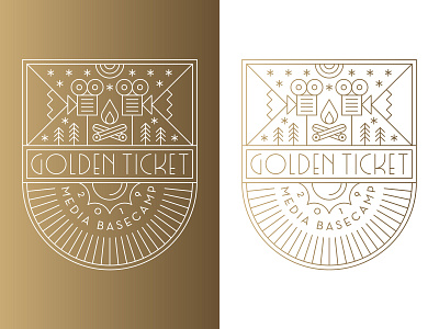 Golden Ticket badge camera camping fire icons line logo media mountains nature patch stars sun trees typography