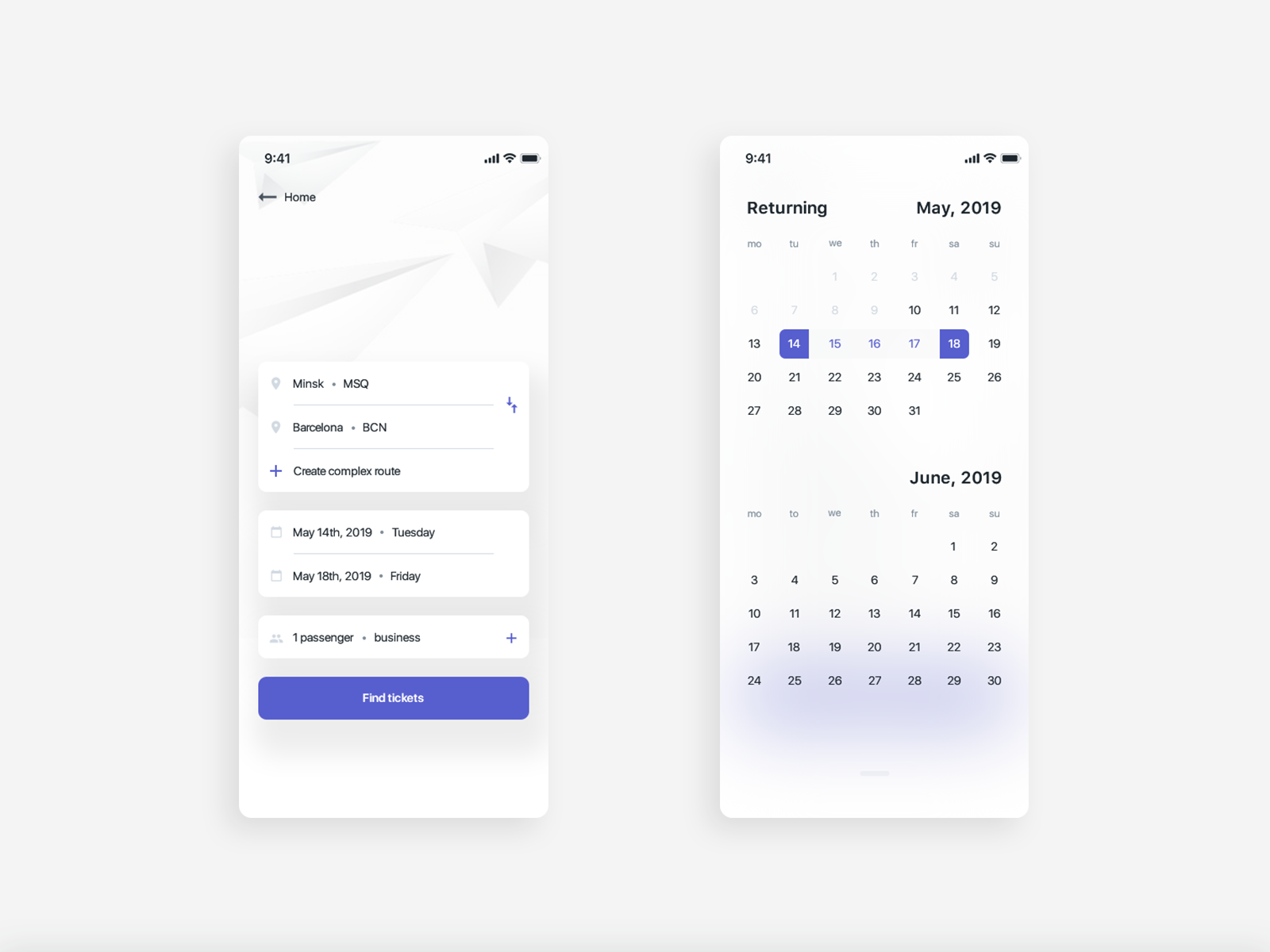 Plane booking app • startup screen and calendar adobe aircraft airport booking app calendar clean design flight ios app design mobile app passenger photoshop plane popup route simple travel app trip ui ux white