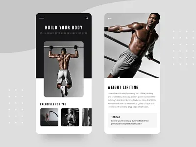 Gym App UI app black card cart clean ui design e commerce gym app illustration logo minimal presentations search tag typogaphy ui