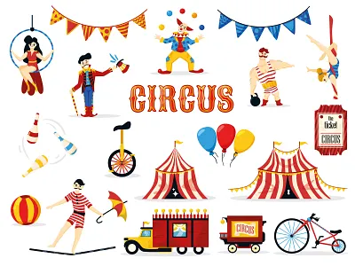 Vintage circus illustration aerialist bike car cart character character design children circus clown color flags illustration juggler monocycle ropewalker strongman stuntman tent ticket vintage