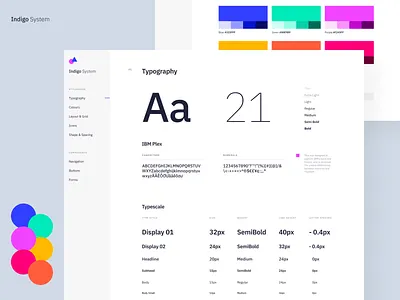 Indigo DS - Styleguide Light app branding clean colours design system grid ibm plex interface styleguide table type specimen typography ui