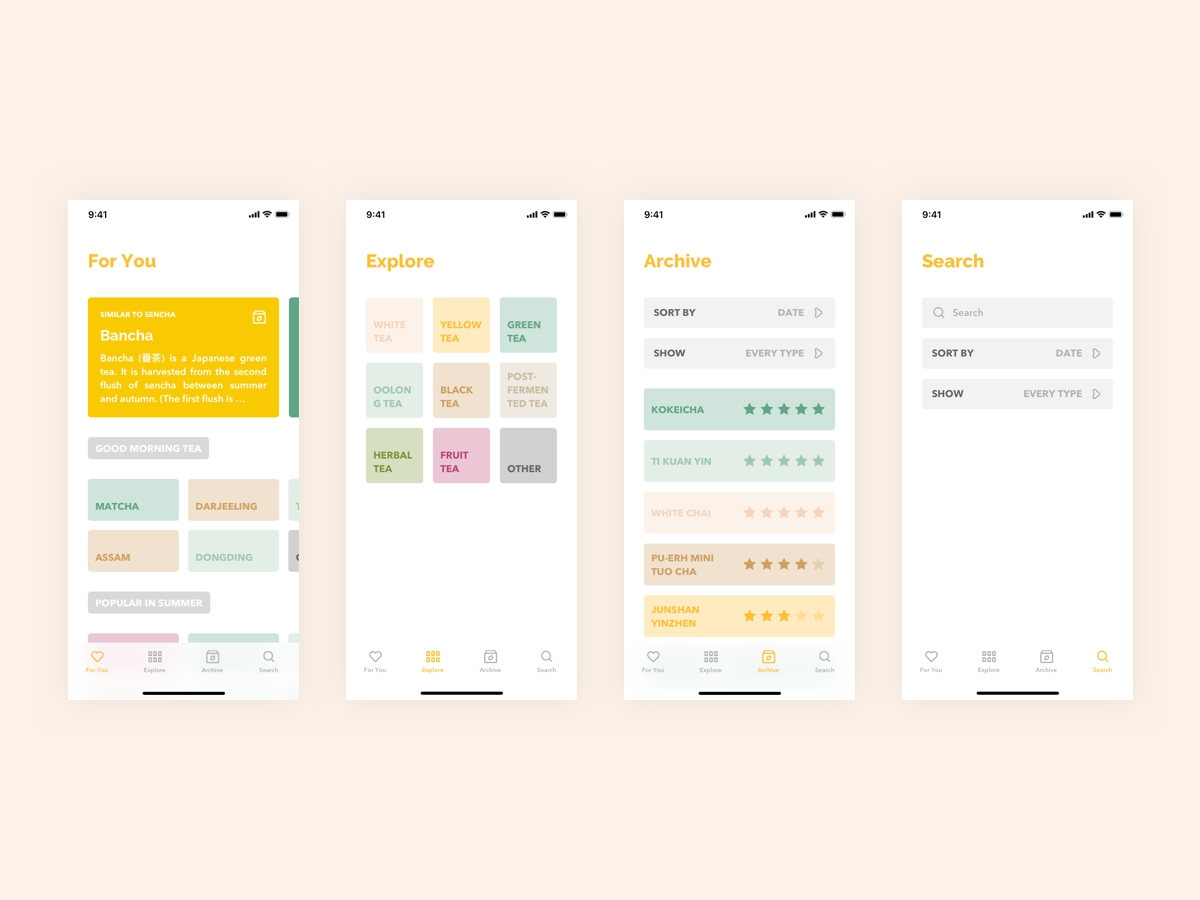 Tea App - Tabs app design cards clean mobile app rating search tab bar tea ui ui design ux ux design