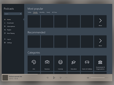 Podcast adobexd app audio app concept dark theme design fluent design microsoft program software ui uwp ux windows windows 10