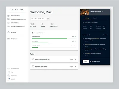 Online Course Creator Dashboard activity admin app clean dashboard desktop interface saas ui ux web
