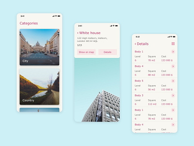 App for realtors app branding building city color design interface list mobile screen style ui ux vector