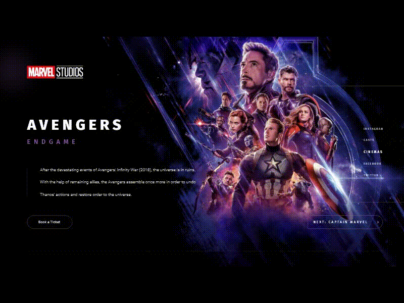 Marvel Studios Web Design 2d animation captain marvel concept design flat gif graphics marvel minimal movie photoshop studios typography ui ux web website xd