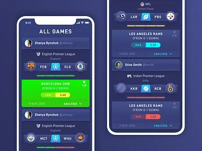 Interface For Sports Tipping App app ui dark mobile interface dark ui game mobile app sports app sports ui tripping ui ux