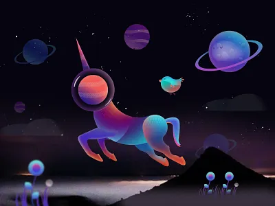 unicorn illustration night planet sky stars unicorn