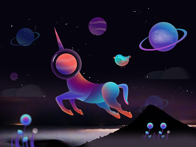 unicorn illustration night planet sky stars unicorn