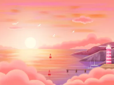 Summer sunset color illustration light lighthouse night red seagulls summer sunset