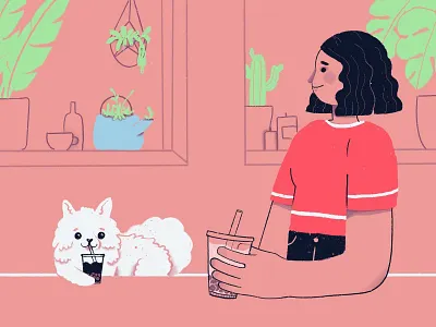 all pets allowed cafe bubble tea cafe character character design creative digital drawing flat girl illustration procreate