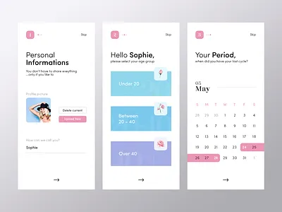 Registration / On-boarding | Period Tracker app calendar cycle date datepicker minimal mobile period period tracker social ui ux