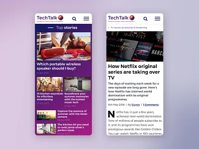"Techtalk" blog for Currys PC World article article page blog clean color creative design flat fold minimal mobile news purple red technology ui ux web website white