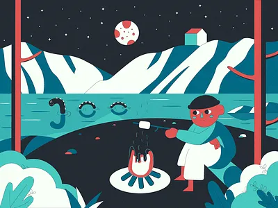 Lake 2d art character characterdesign design fire flat flowers flowers illustration human illustration lake logo man monster night people pond stroke vector