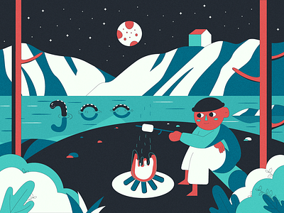 Lake 2d art character characterdesign design fire flat flowers flowers illustration human illustration lake logo man monster night people pond stroke vector