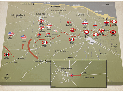 Battle Of Villers Bocage Graphic adobe illustrator battle map explanatory history illustration infographic information design map vector vector illustration war