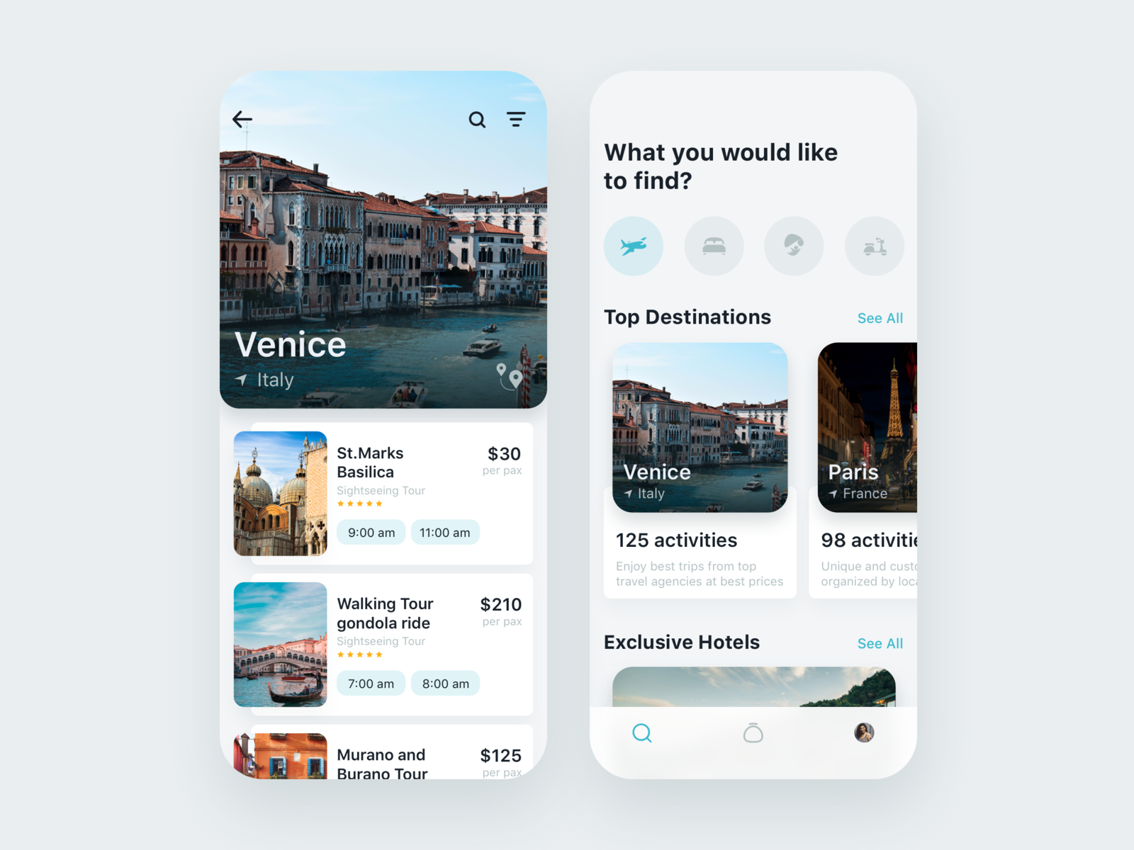 Example of Travel App for booking unique experience