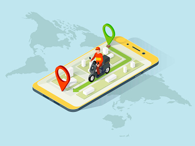 Delivery App Isometric Website Template 3d app business concept courier delivery delivery app delivery man design food illustration isometric isometry mobile motorbike motorcyle online phone service vector