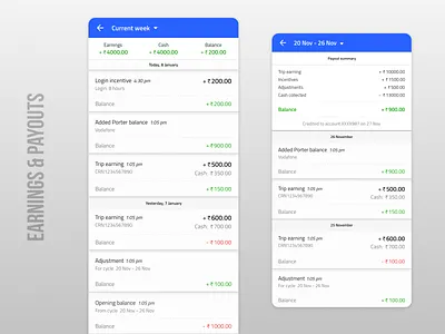Earnings & payouts app design logistics ui ux
