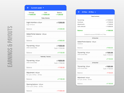 Earnings & payouts app design logistics ui ux