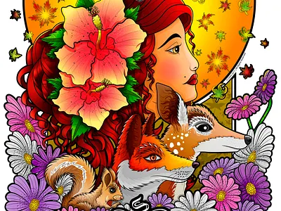 Autumn adobe illustrator autumn chiris concept design flowers illustration four seasons fox illustration nature otoño squirrel vector wacom bamboo woman