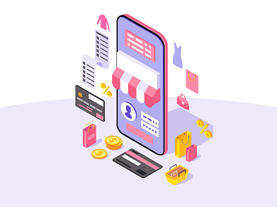 Online mobile shopping app isometric color vector illustration app concept customer design ecomerce ecommerce ecommerce app illustration iso isometry loyalty program online order purchases sale shop shopping shopping app special offer vector