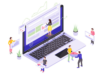 Web design and development isometric vector illustration 3d analyst analytics building business concept data analysis database develop diagrams illustraion isometric laptop people software statistics stats teamwork vector webdesign