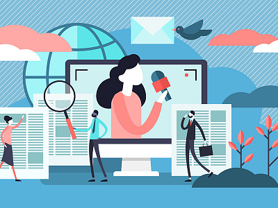 News concept broadcast concept flat illustration global journalism live news newsfeed newspaper persons reporter tiny tv