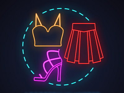 Women's clothes store neon light concept icon clothes concept constructor crop top design dress fashion icon idea illustration industry light logo neon neon light neon sign skirt store vector women