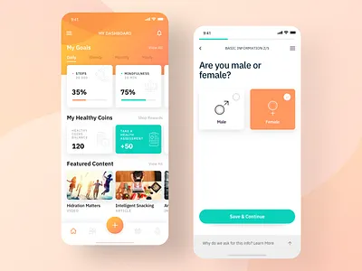 Wellness Mobile App assessment cards dashboard gamification health mobile mobile app onboarding orange product design progressbar steps ui ux wellness