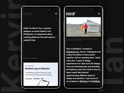 Krvin.com Mobile Responsive Website black and white dark mode kervin tan krvin minimal philippines product design product designer responsive design responsive website ui design