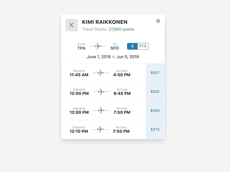 Book a flight booking card codepen flight list night mode responsive schedule select toggle ui ux