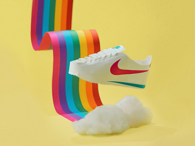Paper Nike Cortez clouds illustration nike nike cortez not a render paper paper craft paper illustration photography product rainbow shoe still life
