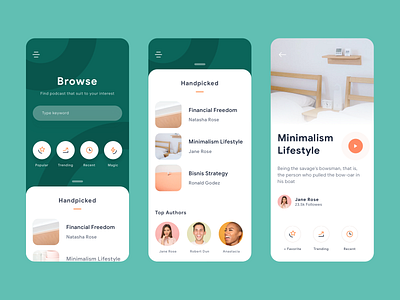 Podcast App Exploration app cards dashboard detail discover graph homepage icons ios mobile pantone pastel search social