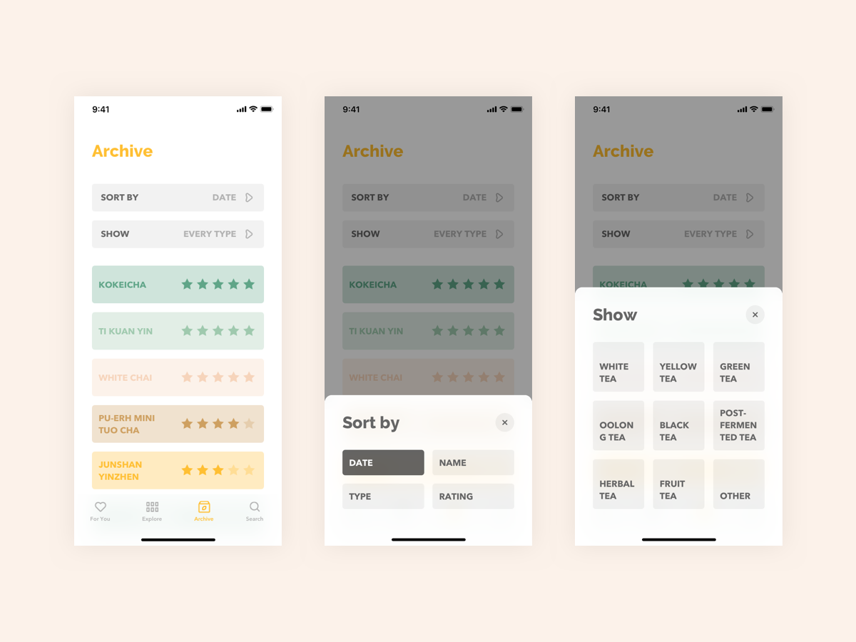 Tea App - Archive app app design bottom sheet cards clean concept design filter interface ios list minimal mobile app rating sort tea ui ux yellow