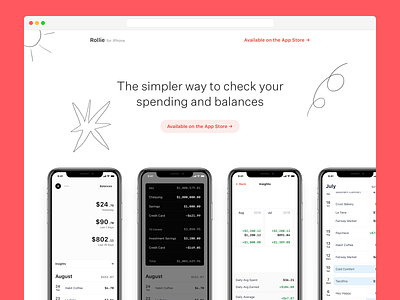 Rollie.co app doodle fintech illustration iphone marketing site personal finance rollie simple web website white