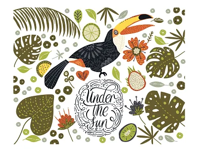 Under the sun. bird color floral fruit illustraion juicy nature palm summer sun toucan tropic tropical tropics vector